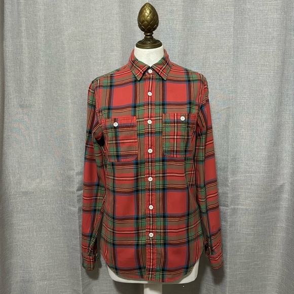 Wmns J Crew Sz XS-Red Holiday Plaid-Cotton-Vintage Faded Wash-EUC - Picture 2 of 13